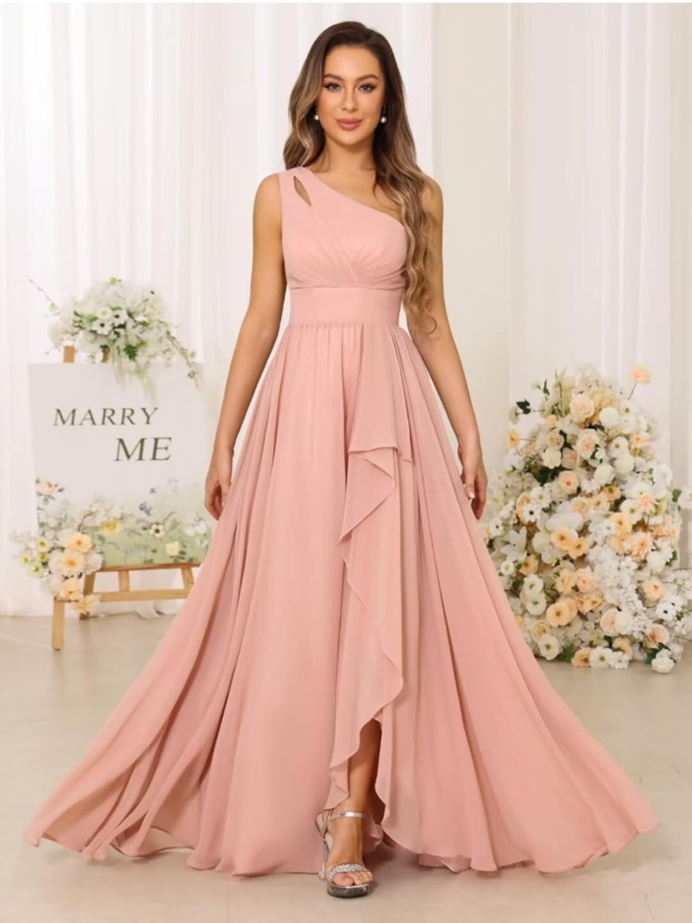 One-Shoulder Dusty Rose Chiffon Bridesmaid Dress